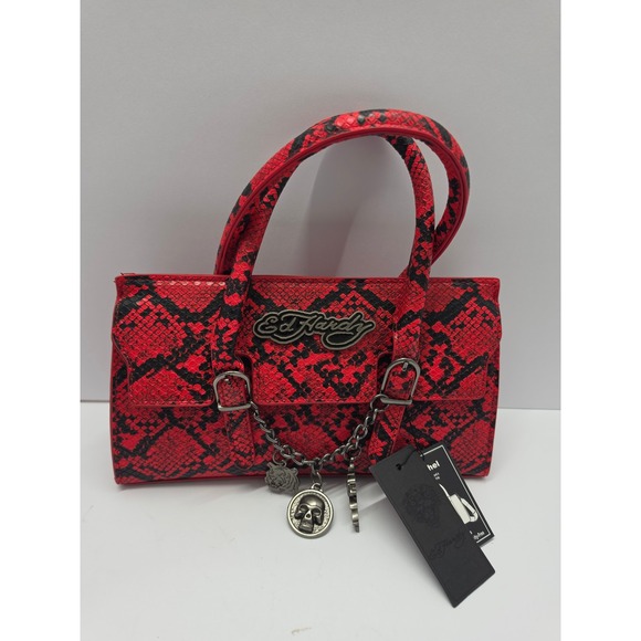 Ed Hardy Handbags - Ed Hardy Red Black Snakeskin Satchel Bag Y2K Skull Tiger Charms Crossbody NEW